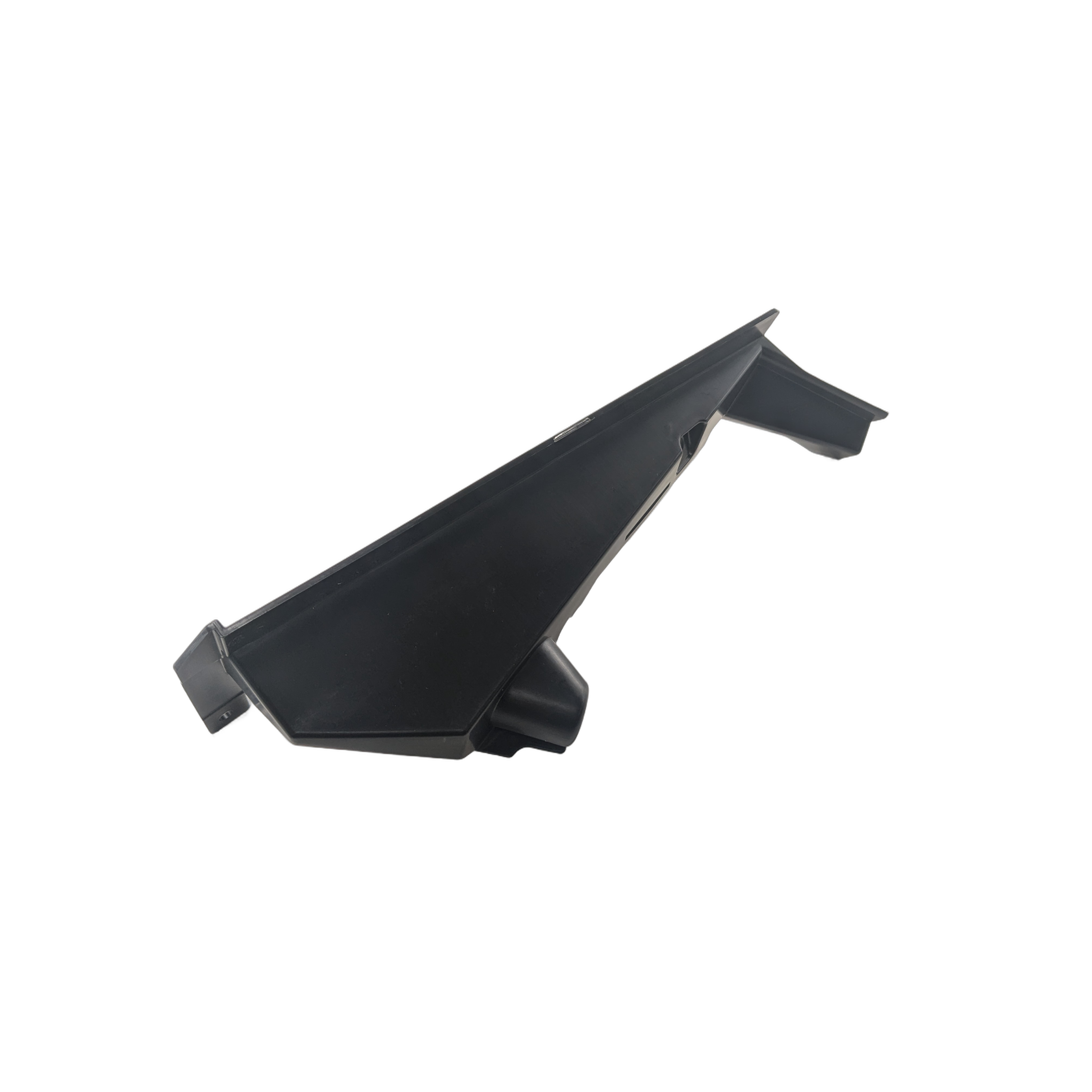 A black Can-Am Front Radiator Deflector, Left Hand Side, with an angular, aerodynamic design, photographed on a white background.