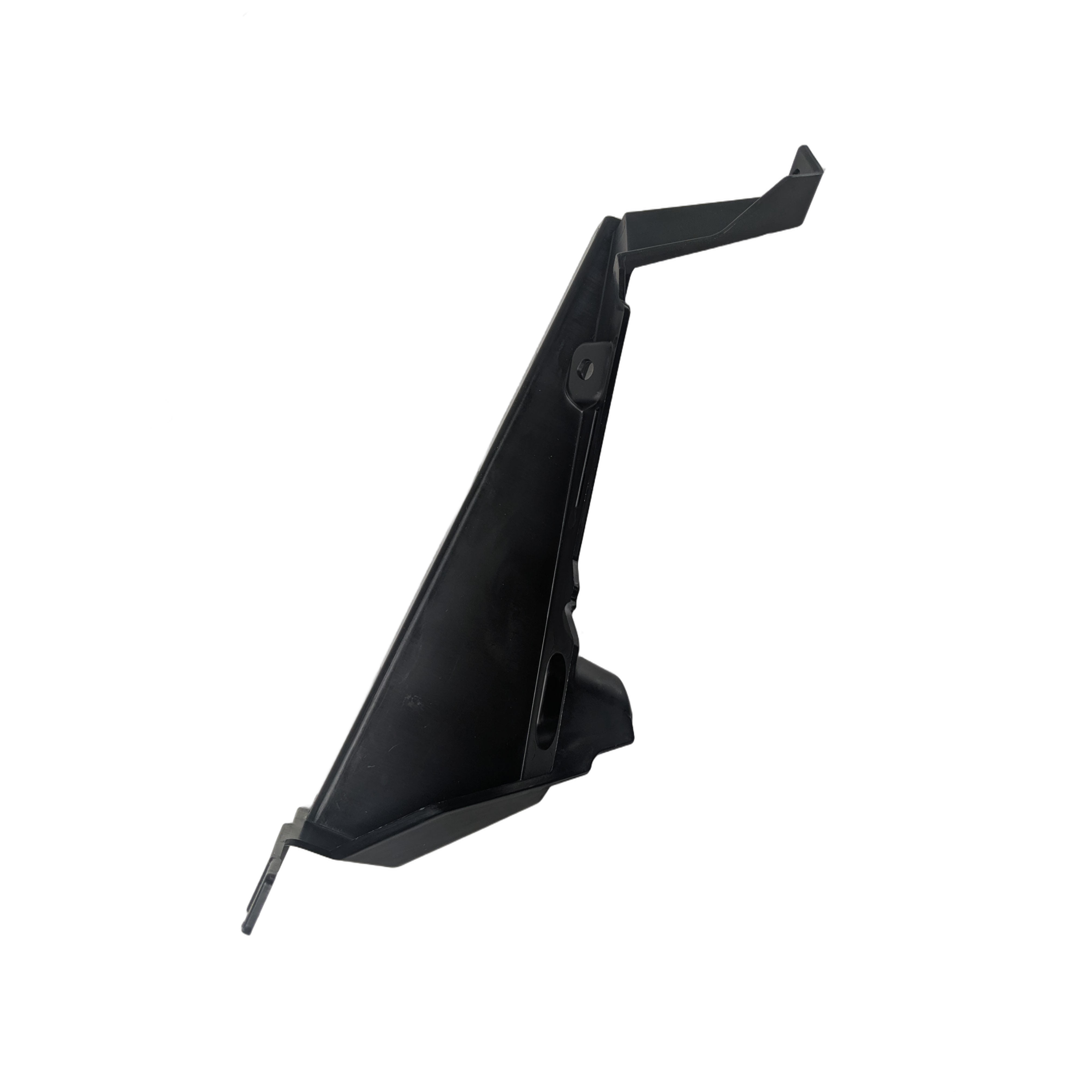 The Can-Am Front Radiator Deflector, Right Hand Side, is a black, angular plastic accessory with molded edges and mounting points for ATV installation, shown against a white background.