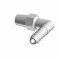 Silver metal 90-degree hose barb fitting with hexagonal nut and cylindrical end.