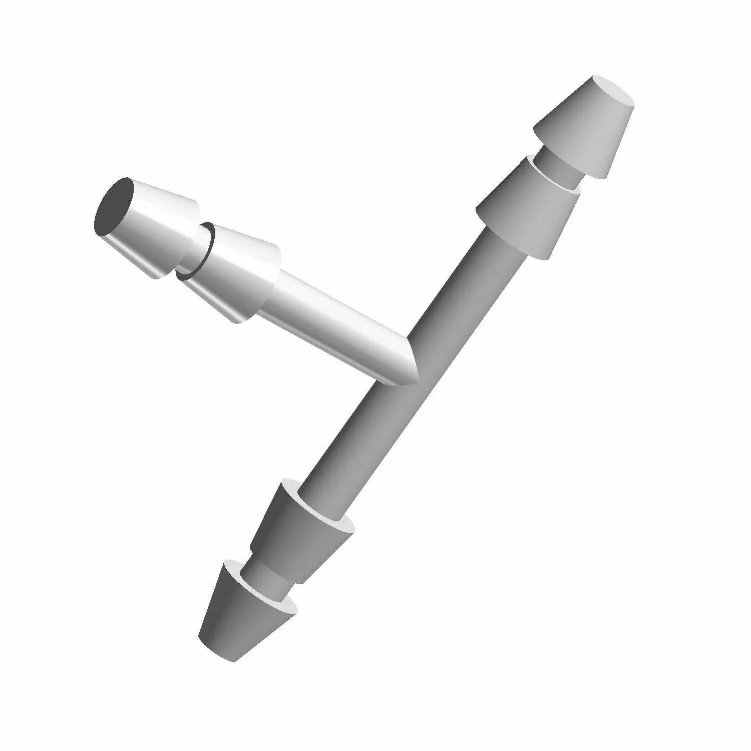 Silver metal T-shaped tee fitting with barbed ends for hose connections.