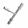 Silver metal T-shaped tee fitting with barbed ends for hose connections.
