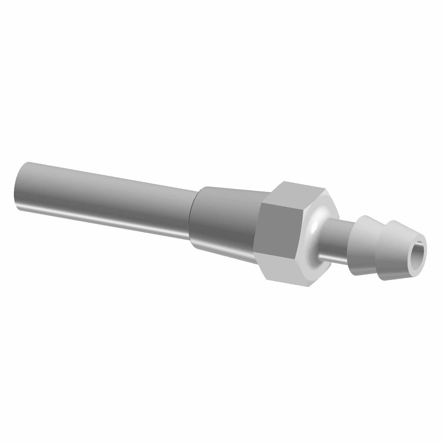 Silver metal fuel outlet Z-shaped fitting with hexagonal nut and tapered connector end.