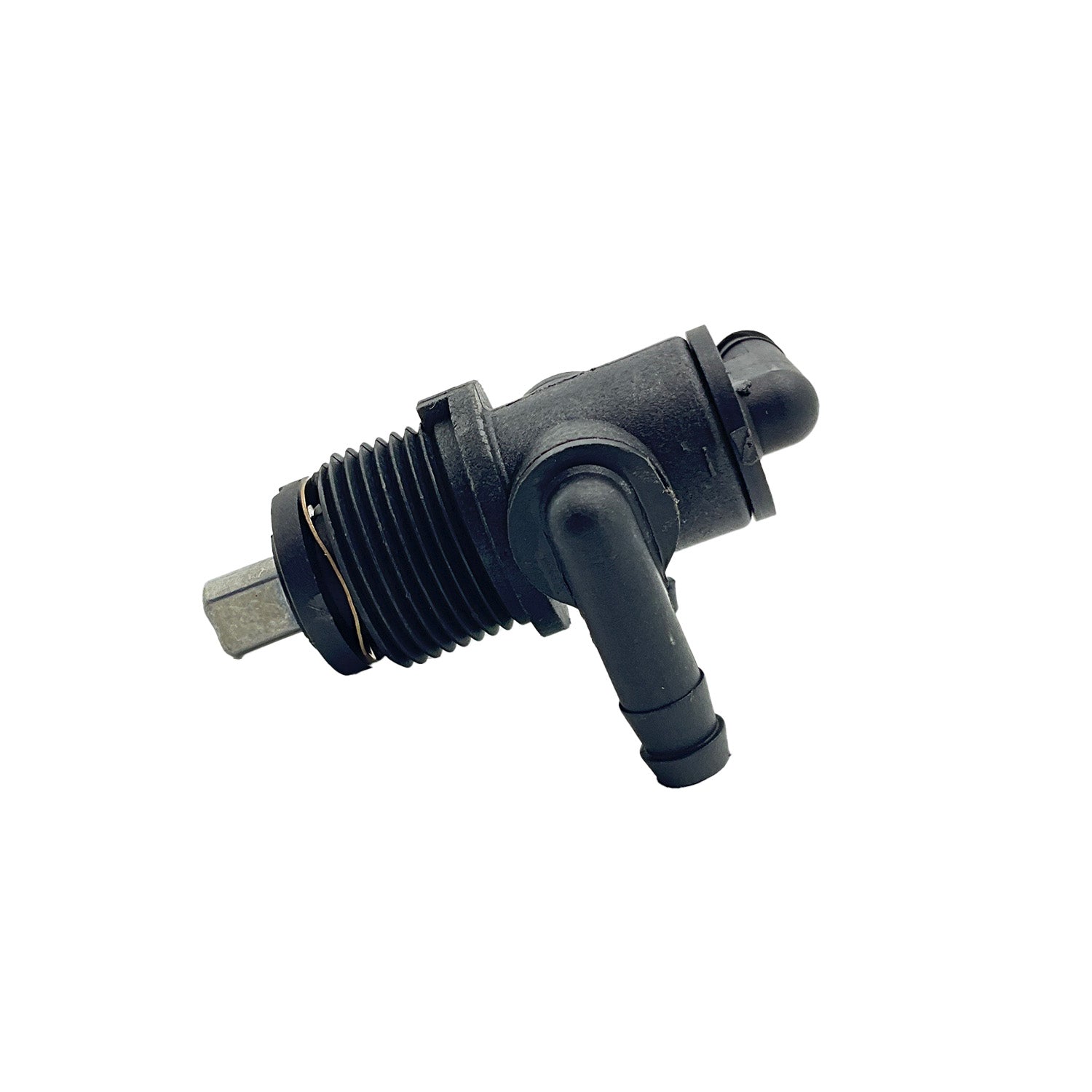 Black plastic 3-way valve with threaded base and angled side outlet for Polaris UTVs.