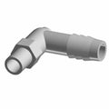 Gray L-shaped plastic fitting with hexagonal base and ribbed hose connector end.
