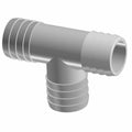 Gray plastic barbed T-shaped connector tee with three ribbed hose fittings.