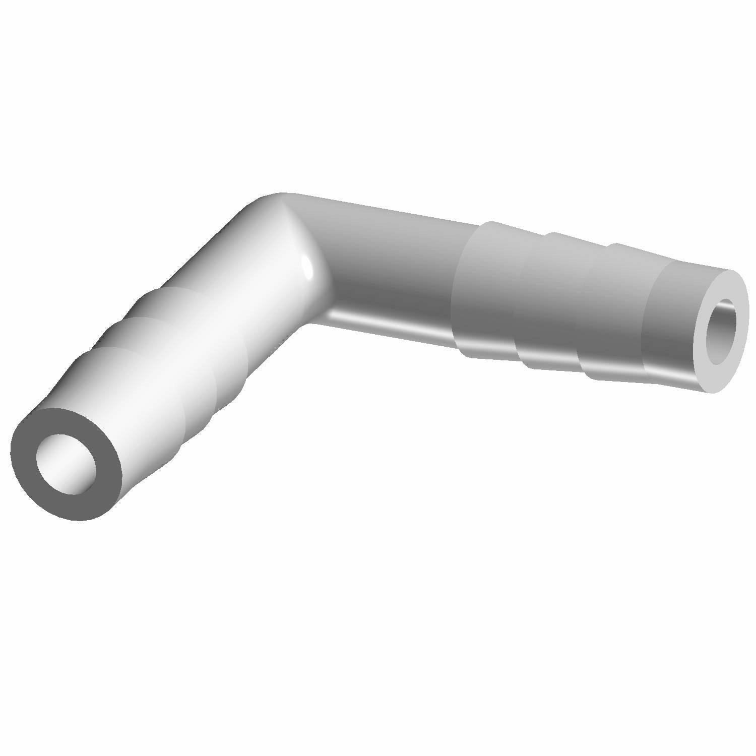 Gray plastic 90-degree barbed fitting with ridged ends for secure hose attachment.