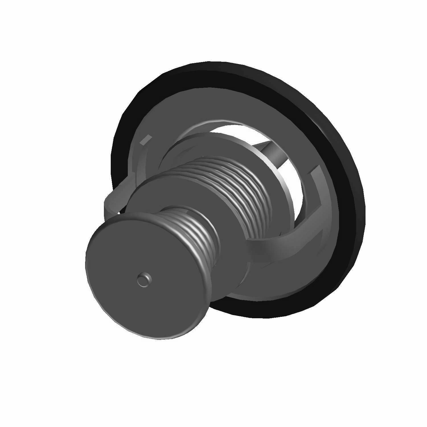 Round silver metal thermostat with threaded center and black rubber gasket seal.