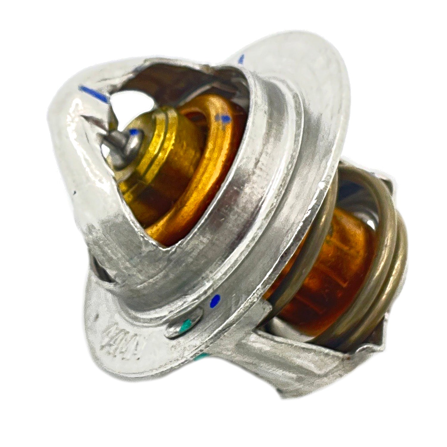 Silver metal thermostat with a coiled spring and gold-colored internal components for Polaris ATVs.