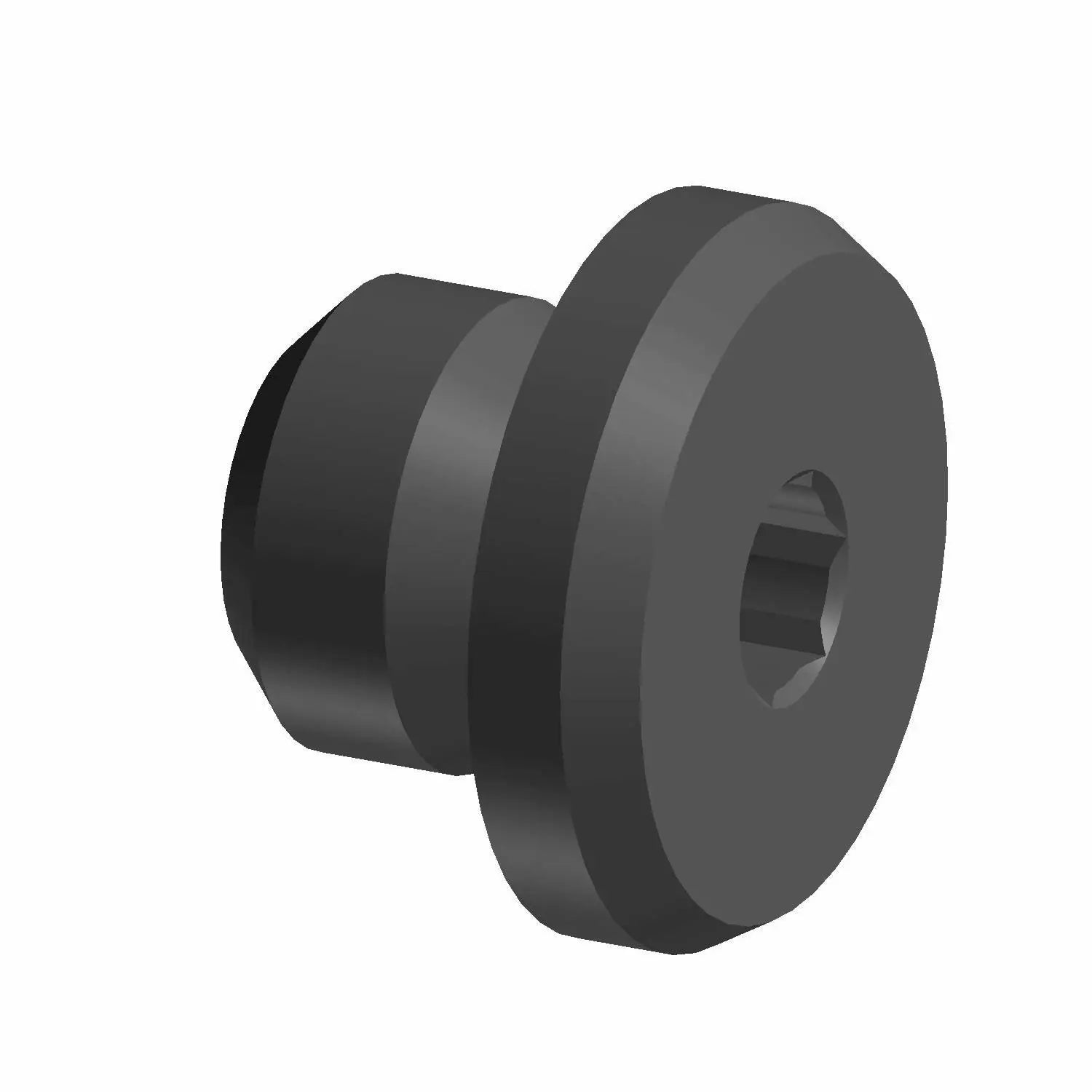 3D rendering of a black, cylindrical Hex Socket Crankcase Plug W/O Ring M7X1 by Polaris, featuring a flange and central hole. The plug has two diameters, with a larger disc-shaped flange section.