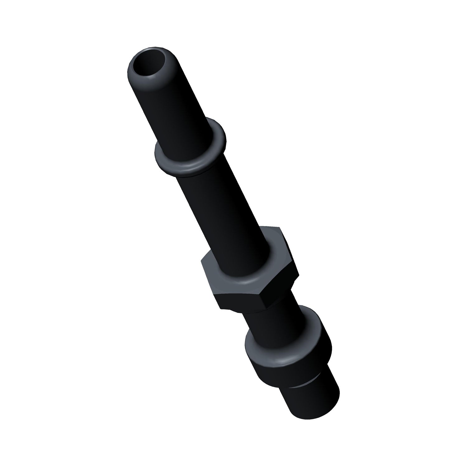 Black cylindrical bleed fitting with hexagonal center section and multiple stepped ridges.