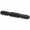 Black plastic dual fitting barb with ribbed ends for windshield wiper hose connection.