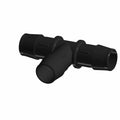 Black plastic T-shaped fitting connector with smooth cylindrical ends and ridged center section.