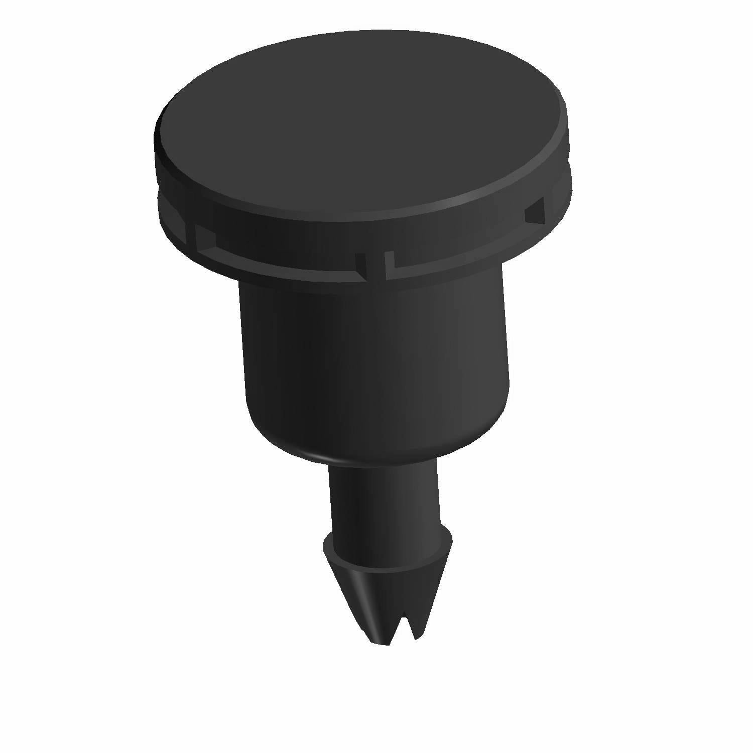 Black plastic vent gearcase fastener with round flat top and pointed barbed stem.