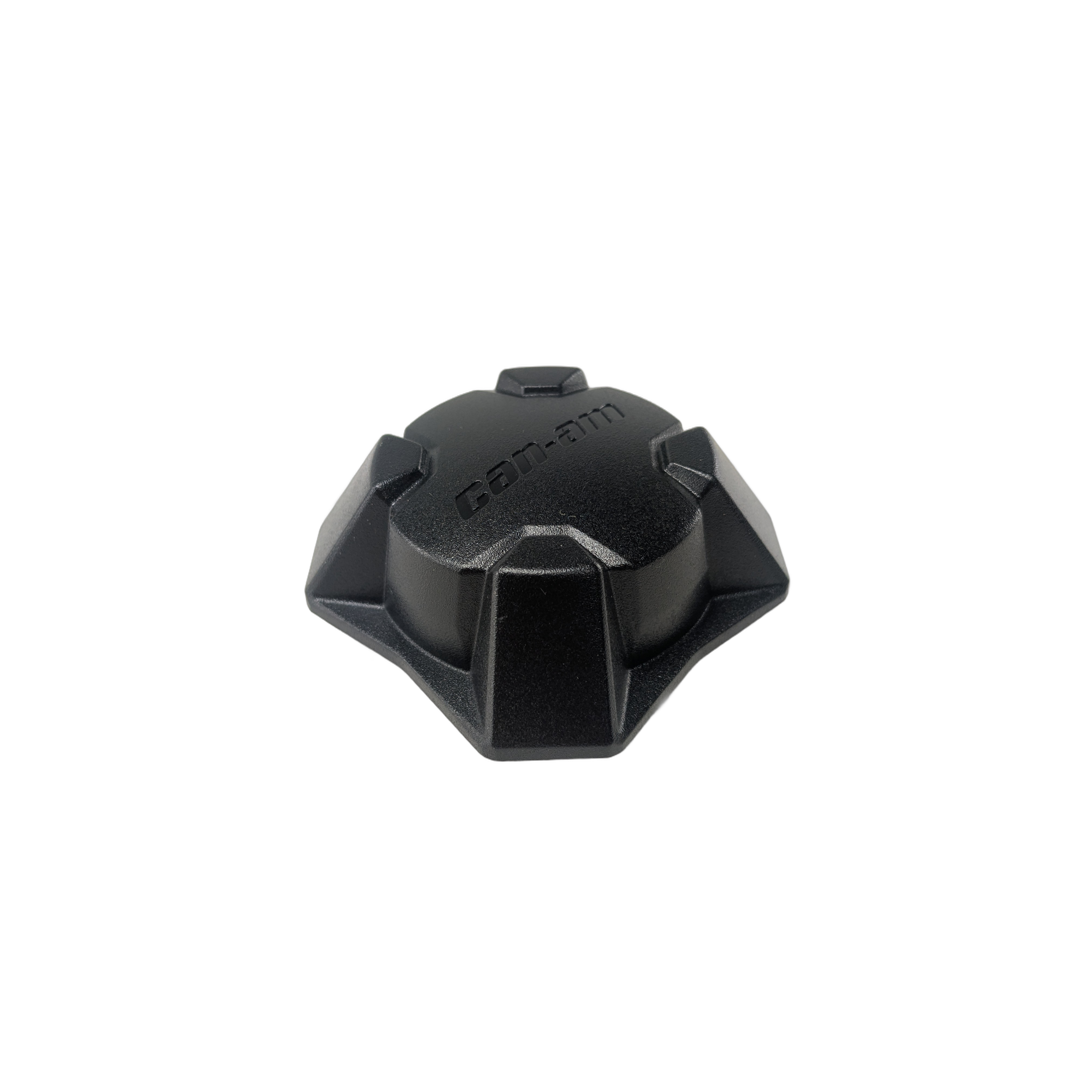 Black six-sided plastic wheel cap with raised center and engraved "Can-Am" logo.