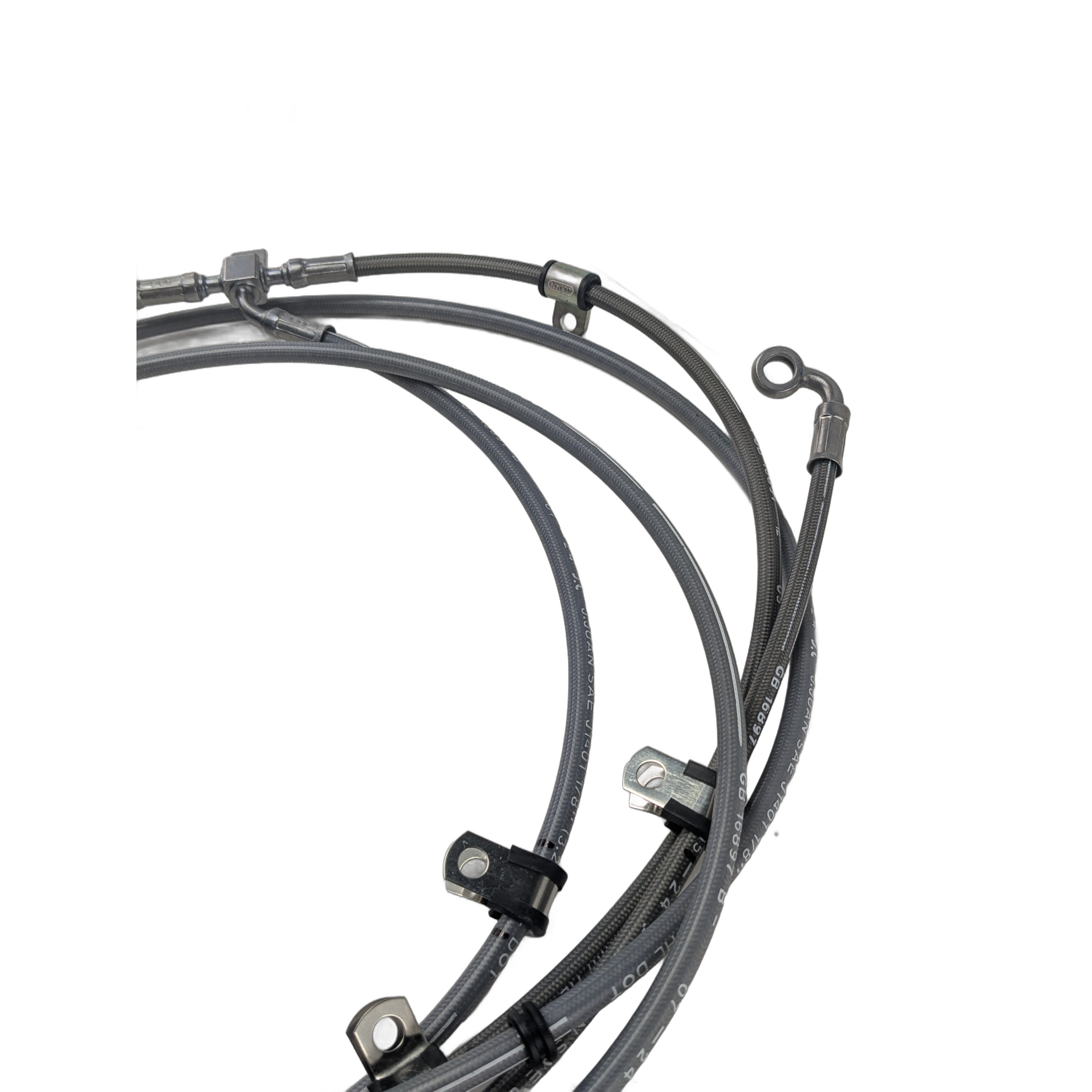 Three braided, flexible Rear Caliper Hoses by Can-Am with looped ends and black brackets—perfect for Can-Am UTVs—are displayed coiled in overlapping arcs on a white background.