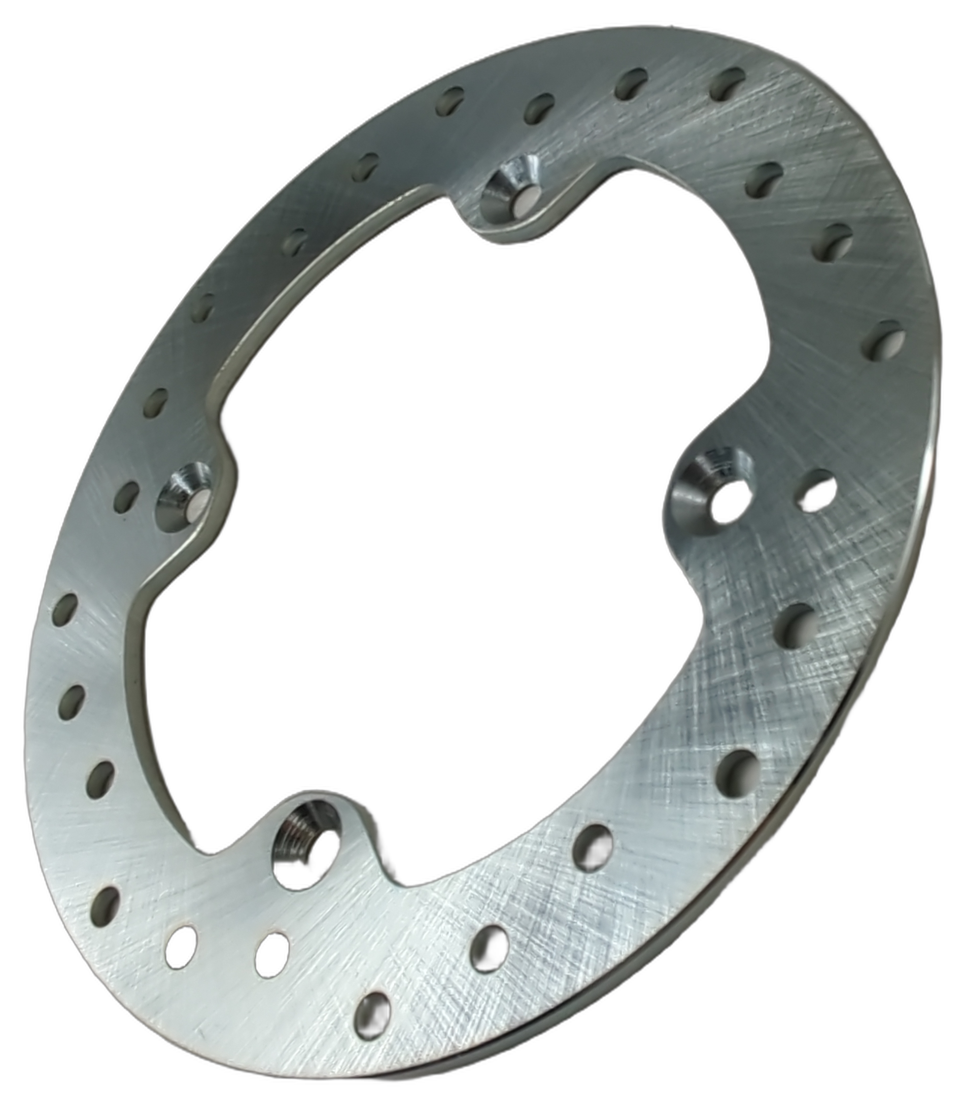 Silver Can-Am brake rotor with a circular steel disc, drilled holes, and a shaped center opening.