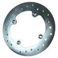 Circular silver metal brake rotor with multiple evenly spaced round ventilation holes and five mounting holes.
