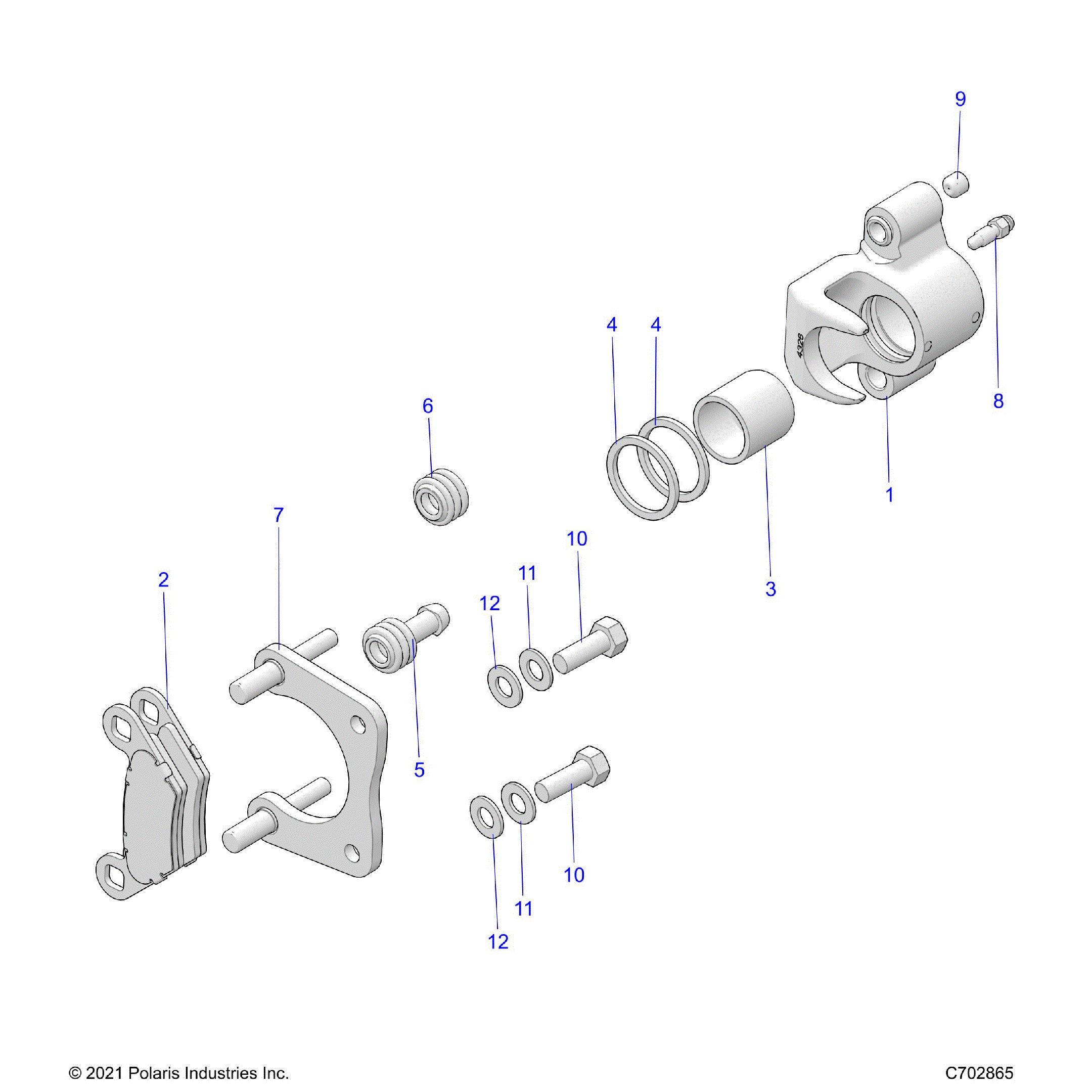 An Image of a Genuine Polaris Parts Schematic Diagram showing the schematic - BRAKES: REAR CALIPER - 2022 POLARIS SPORTSMAN 570 HUNTER EDITION