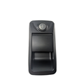 Black rectangular exterior paddle latch with integrated circular key lock and textured handle surface.