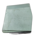Tinted rectangular roll-down glass window with slight curvature and black trim edge.