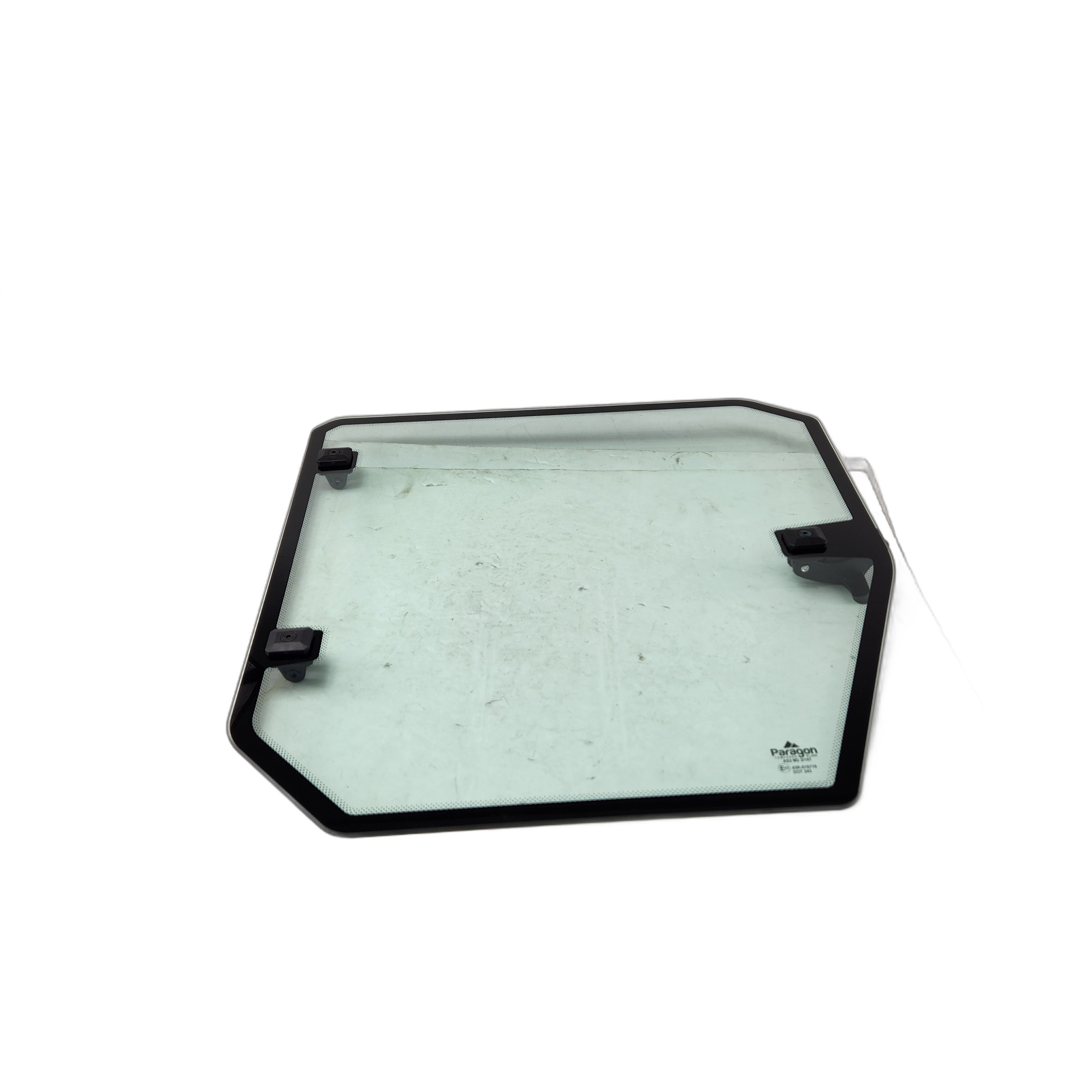 Clear rectangular side window with black mounting frame and hardware for Can-Am UTV.