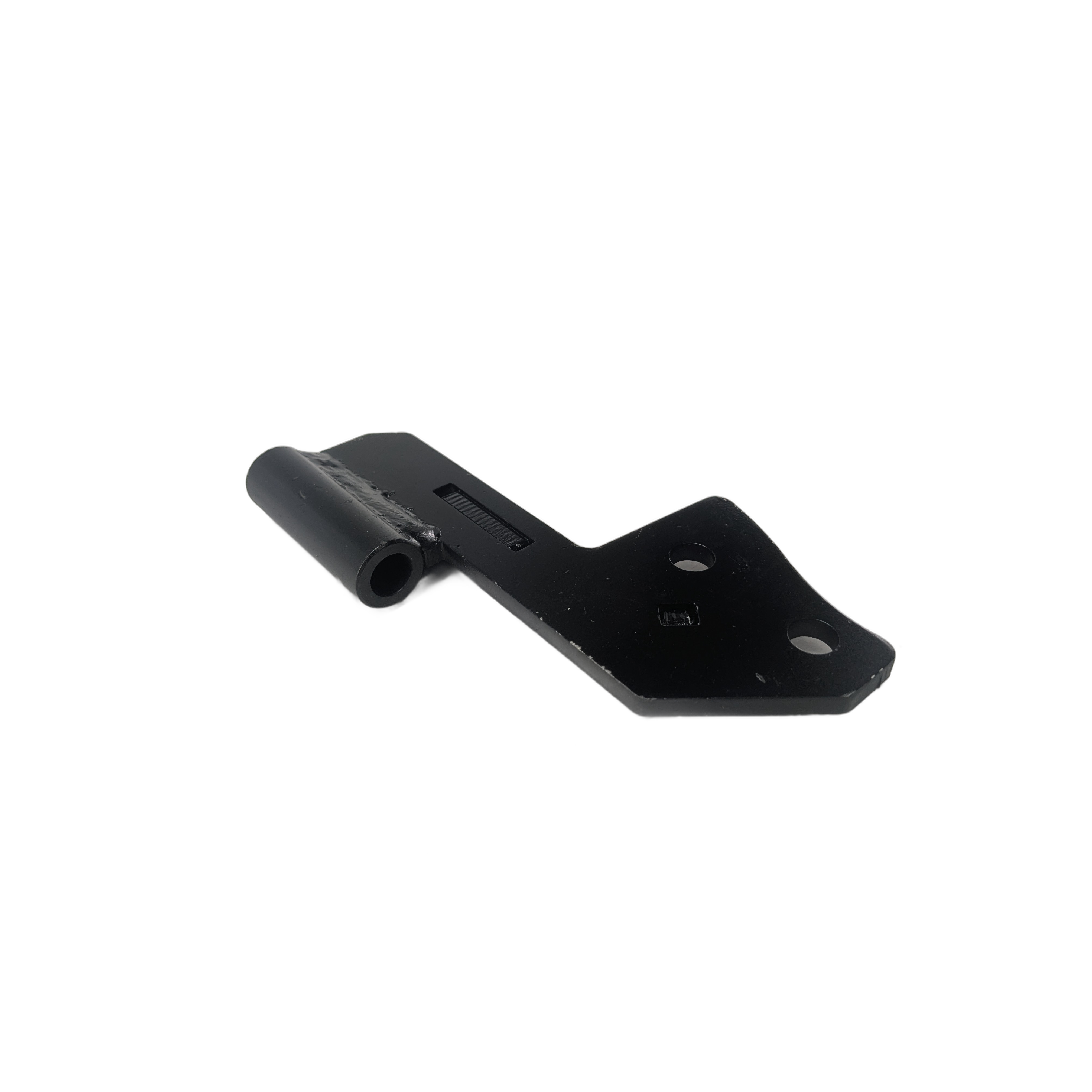 A black metal Central Female Door Hinge, Left Hand Side by Can-Am with two circular holes and a tubular extension, matte finish, and angled edges, shown on a white background—perfect for OEM ATV/UTV applications.