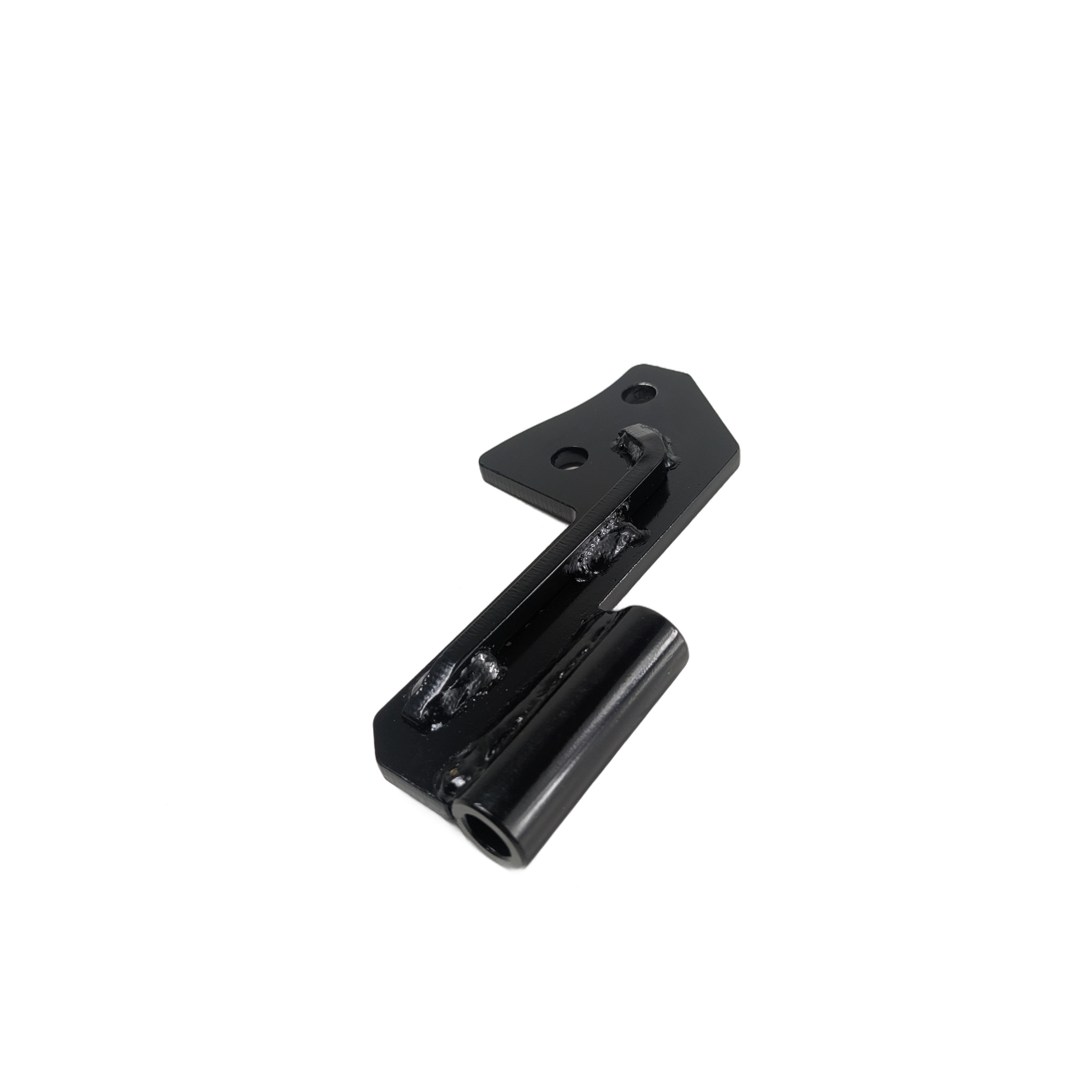 Black metal right-hand central door hinge with mounting holes and cylindrical pivot section.