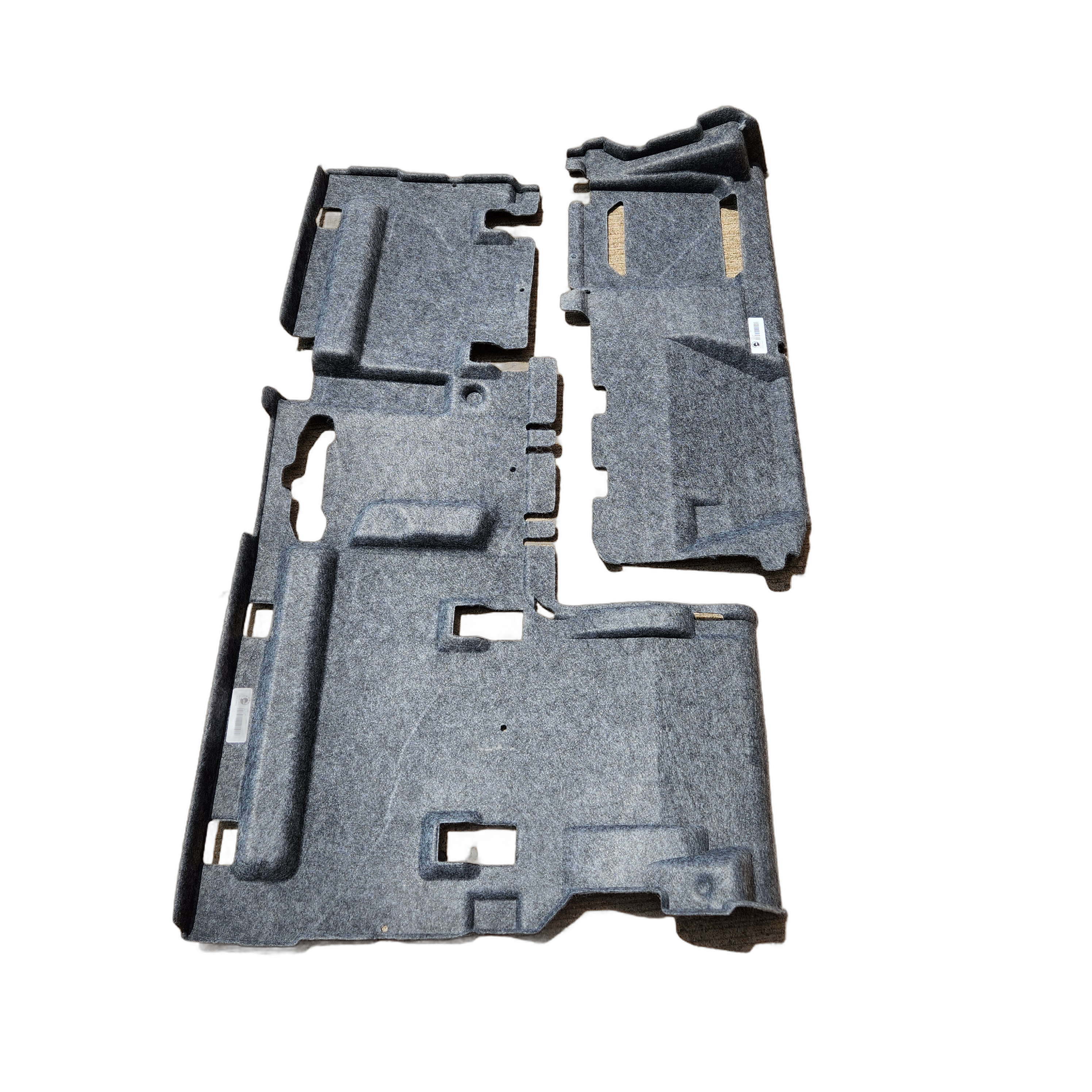 The Liner Kit by Can-Am includes two gray molded OEM trunk liners with cutouts and raised sections, shown flat on a white background—perfect for anyone needing durable replacement parts for their ATV.