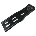 Black metal door hinge with elongated slot holes and a slightly curved rectangular shape.