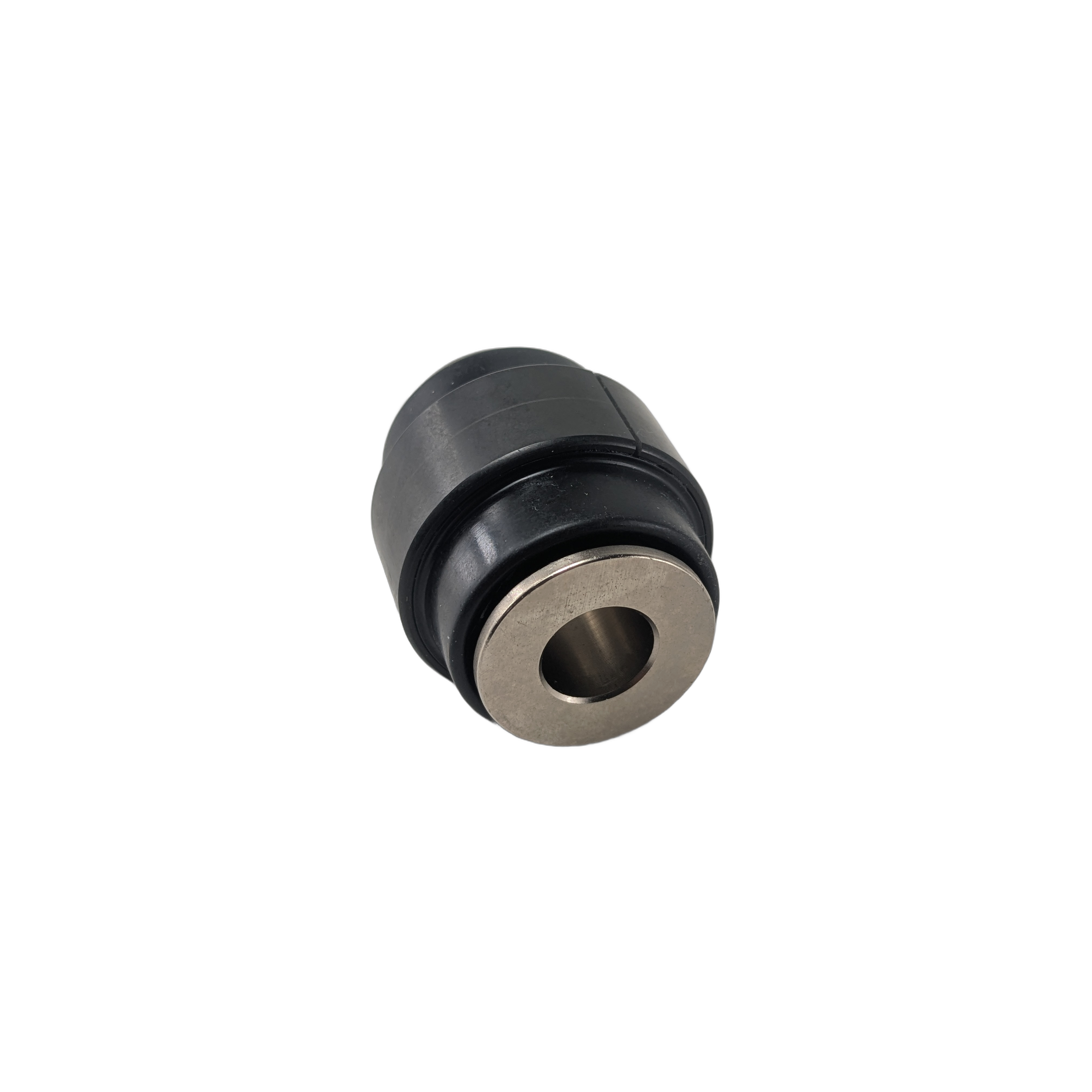 Black cylindrical radial joint with silver metal inner ring and smooth outer surface.