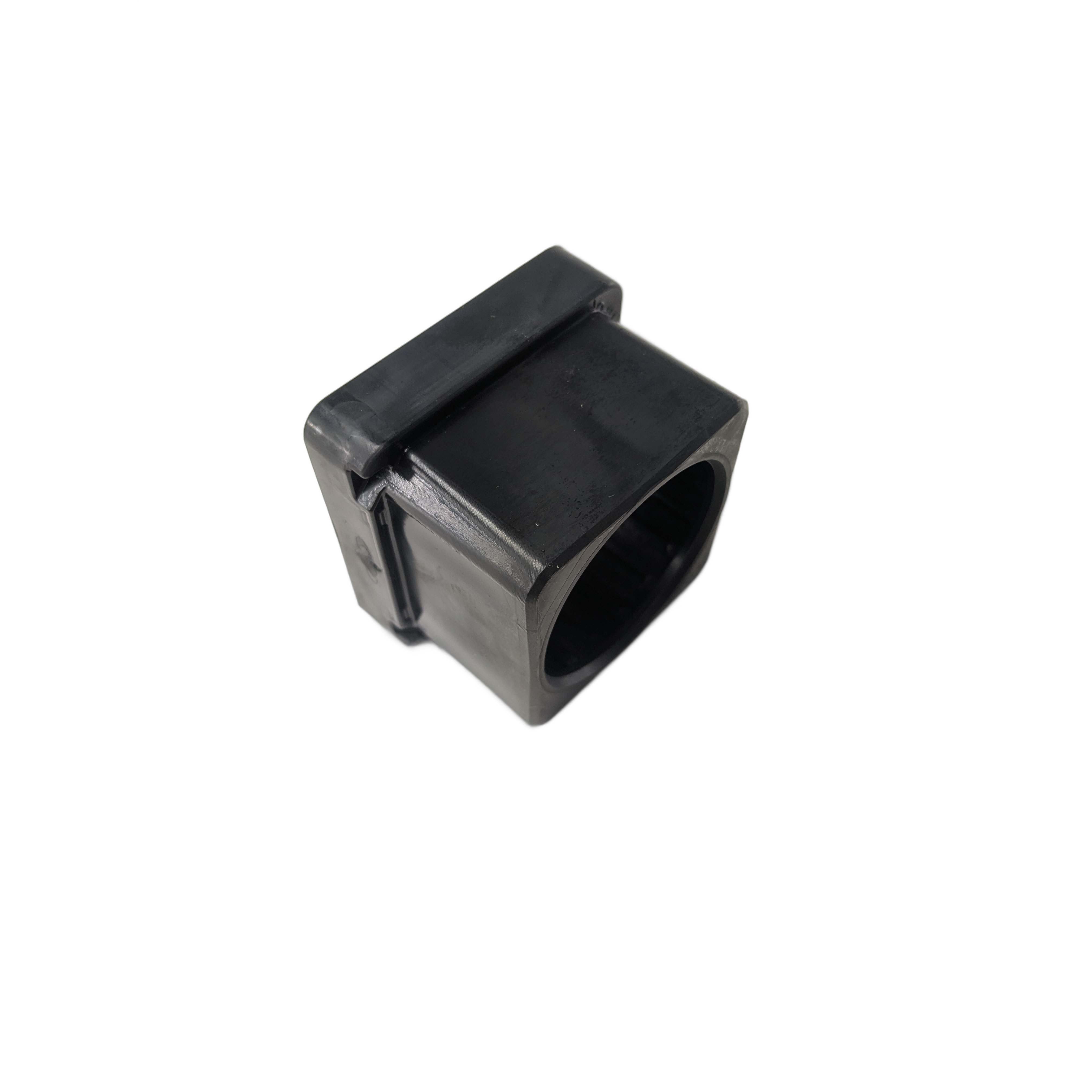 Black rectangular plastic sway bar housing with hollow center and mounting flange.