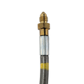 Rear brake hose assembly with braided steel line, brass fittings, and silver connector sleeve.