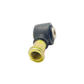 Metal outer tie rod with black rubber bushing and threaded gold-colored shaft.