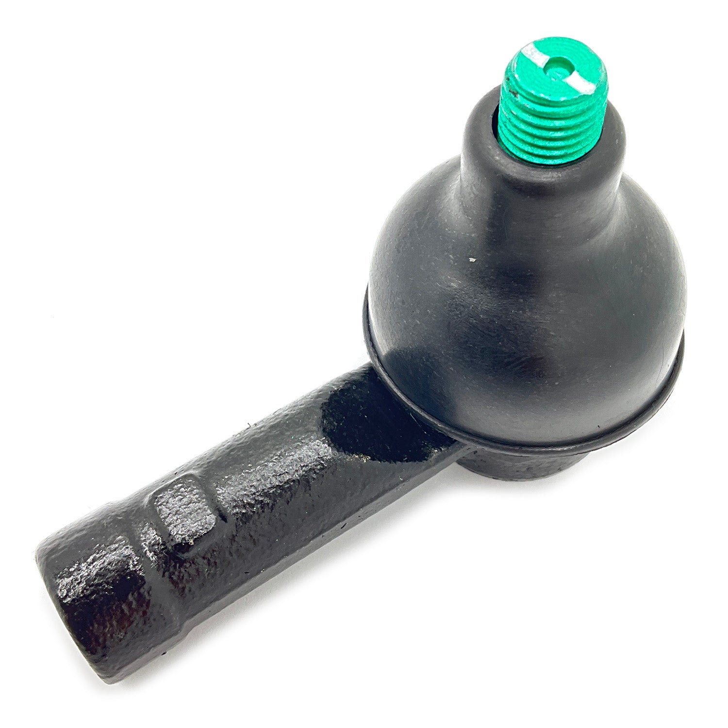 Black metal tapered rod end with a spherical joint and green threaded stud cap.