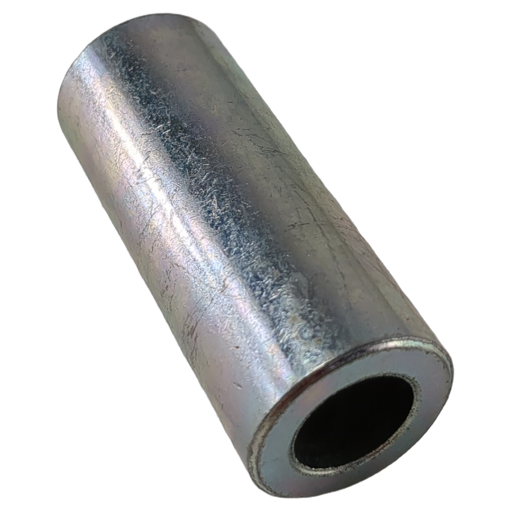 Silver cylindrical metal interior bushing with hollow center and smooth surface.