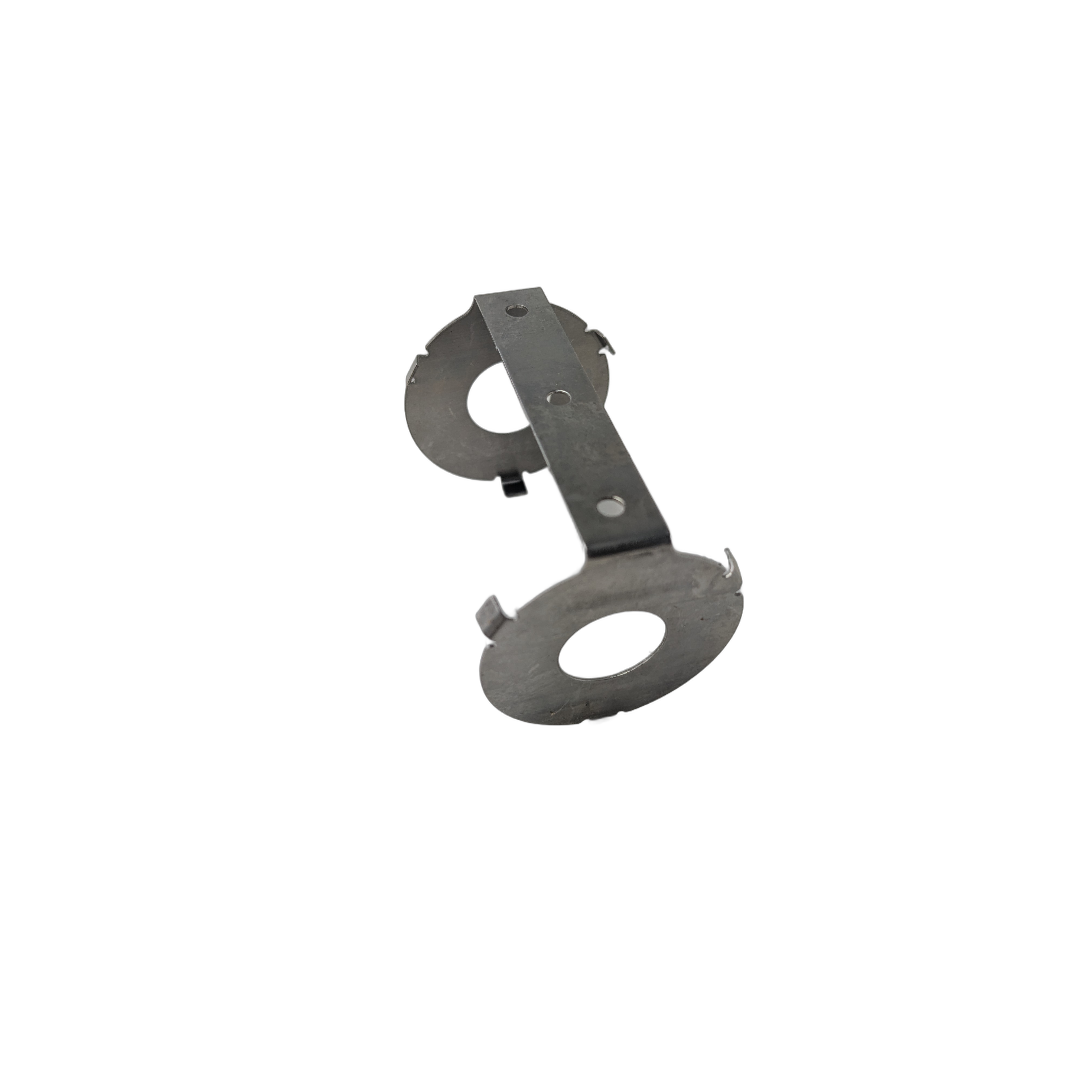 Gray steel wear plate with circular cutouts and attached securing tab.