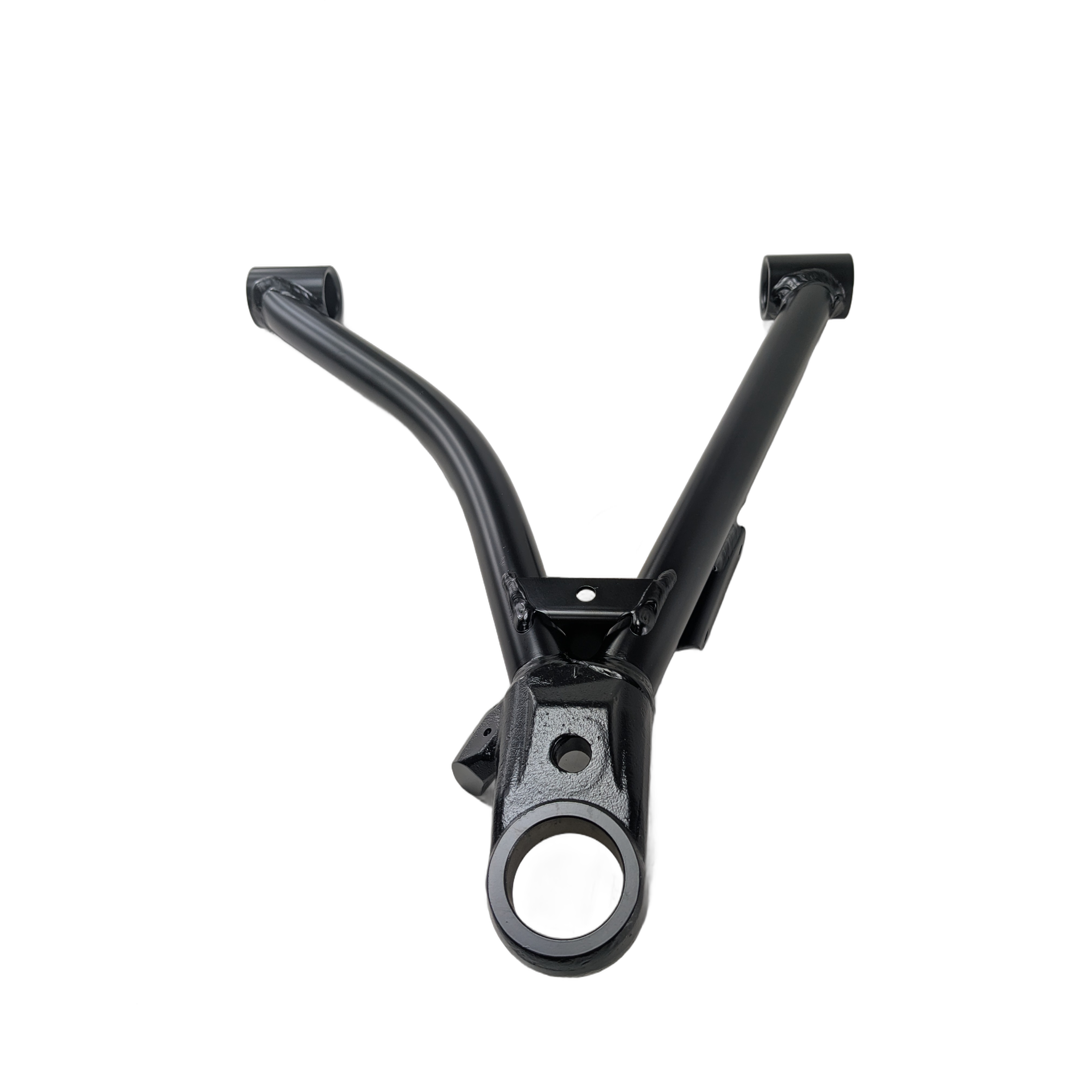 Black metal lower front suspension arm with triangular Y-shape and circular mounting points.