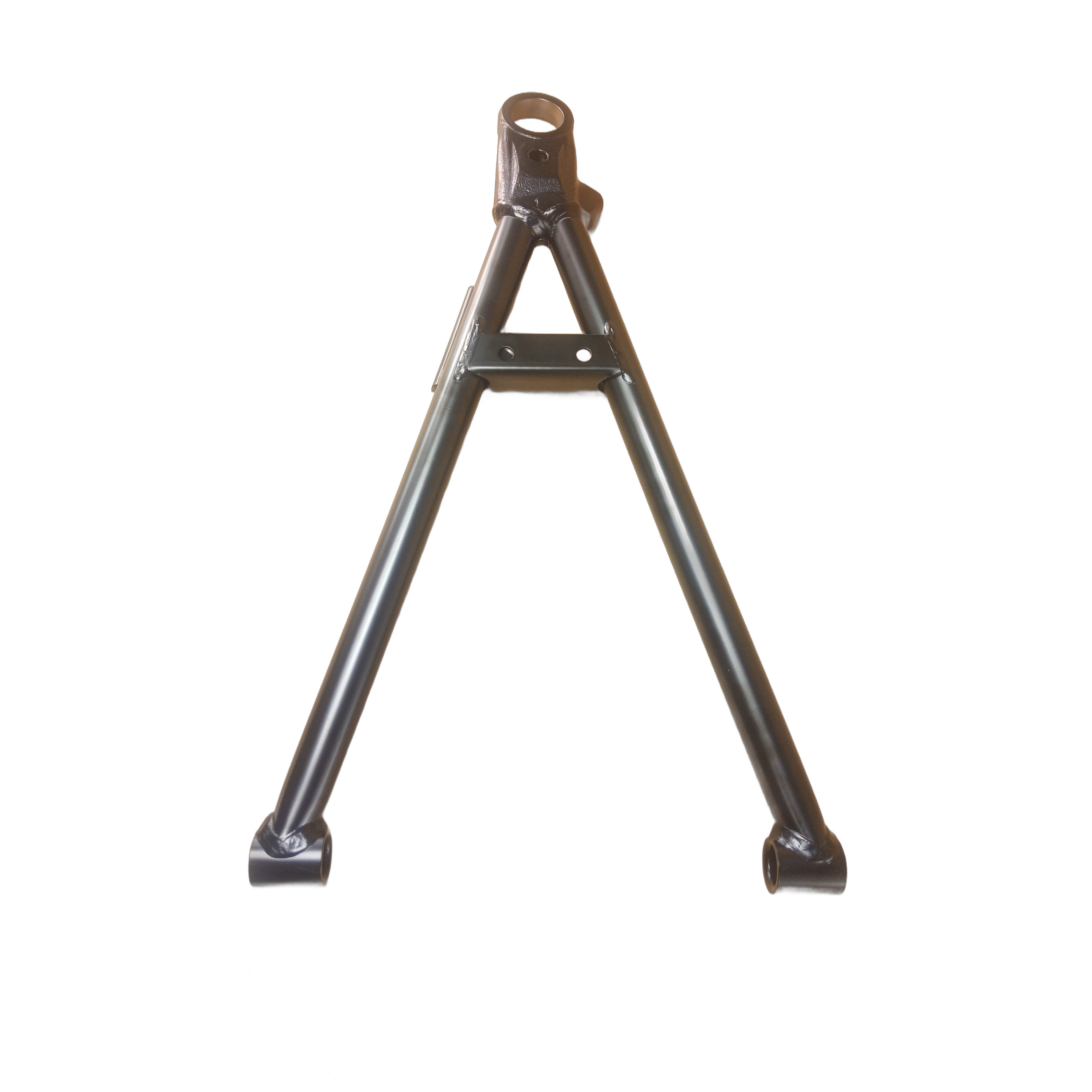 Black metal front lower suspension arm in a triangular shape with mounting points and a rusted top bolt hole.
