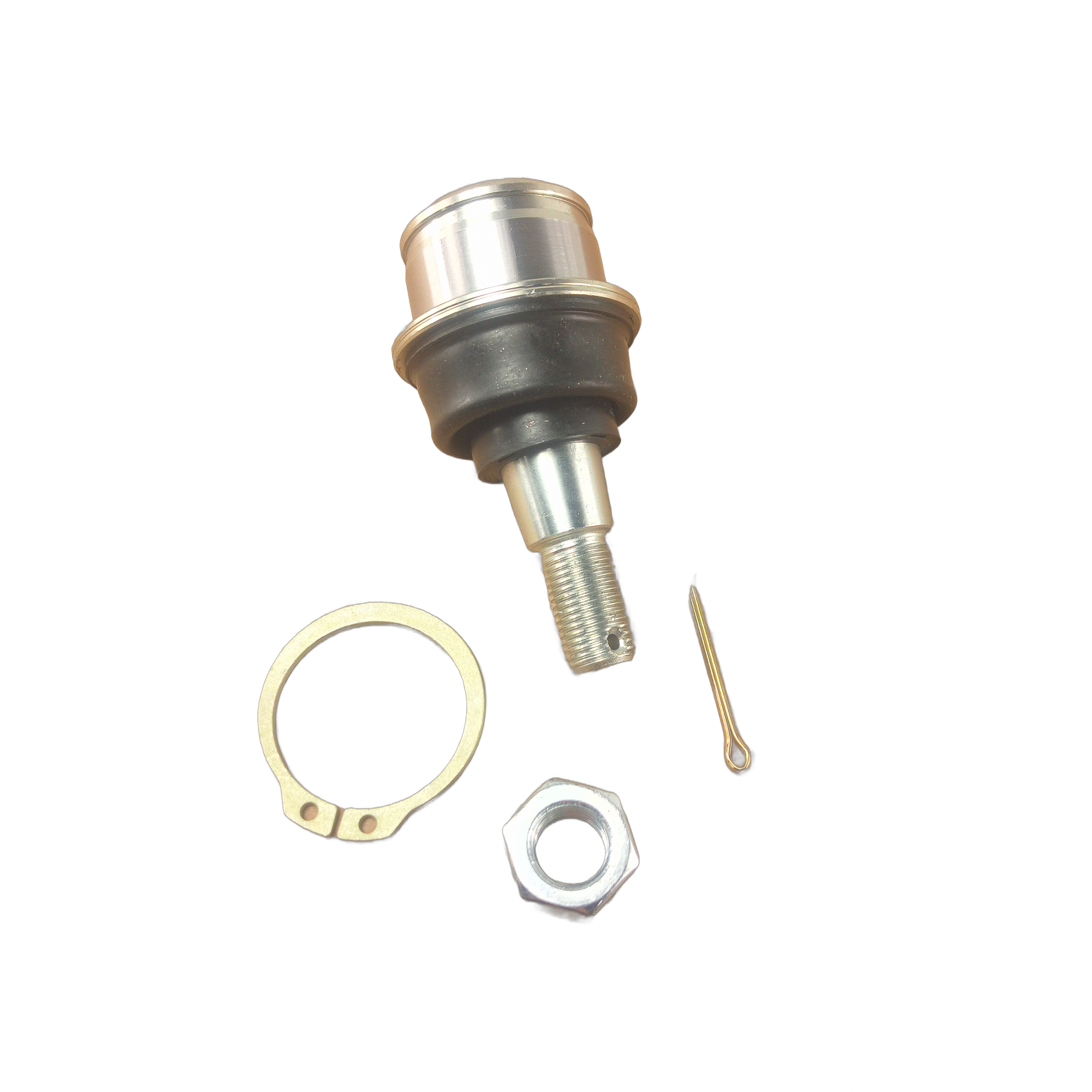 Metal ball joint with threaded stud, black rubber boot, silver retaining ring, hex nut, and small metal cotter pin.