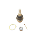 Metal ball joint with threaded stud, black rubber boot, hex nut, circular retaining clip, and cotter pin on white background.