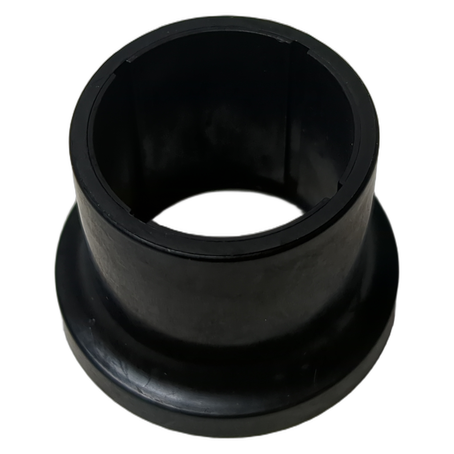Black cylindrical rubber A-arm bushing with a wide flange base and hollow center.