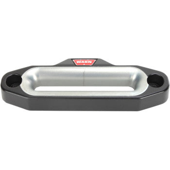 The Fairlead Pro Vantage 4 by Warn is a durable, high-strength black and silver winch fairlead with smooth rounded edges, two mounting holes per side, and a red WARN logo prominently centered at the top.