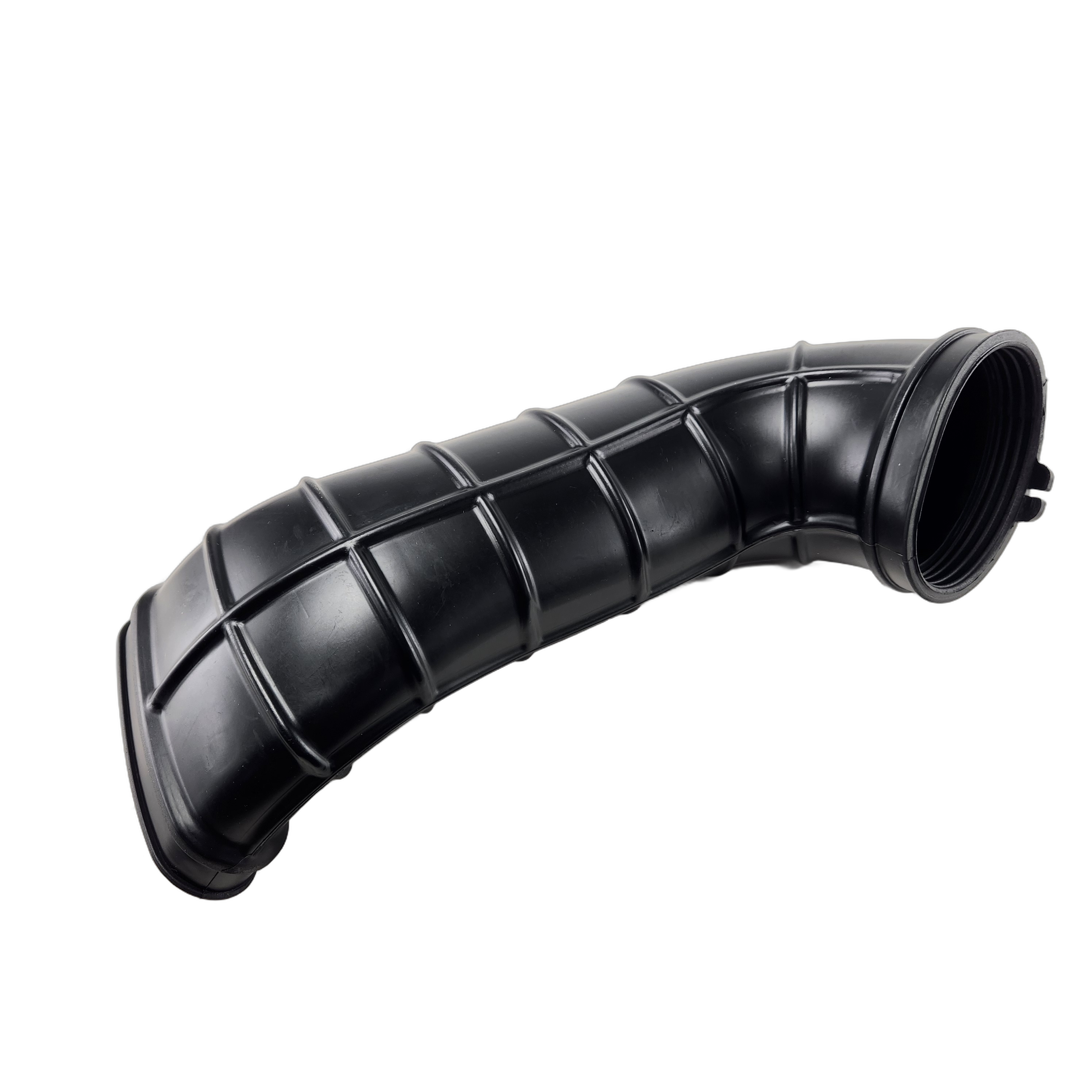 The Front Inlet Duct by Can-Am is a black, curved plastic automotive air intake hose with ribbed reinforcement and open ends, perfect as a replacement SXS part. Isolated on a white background.