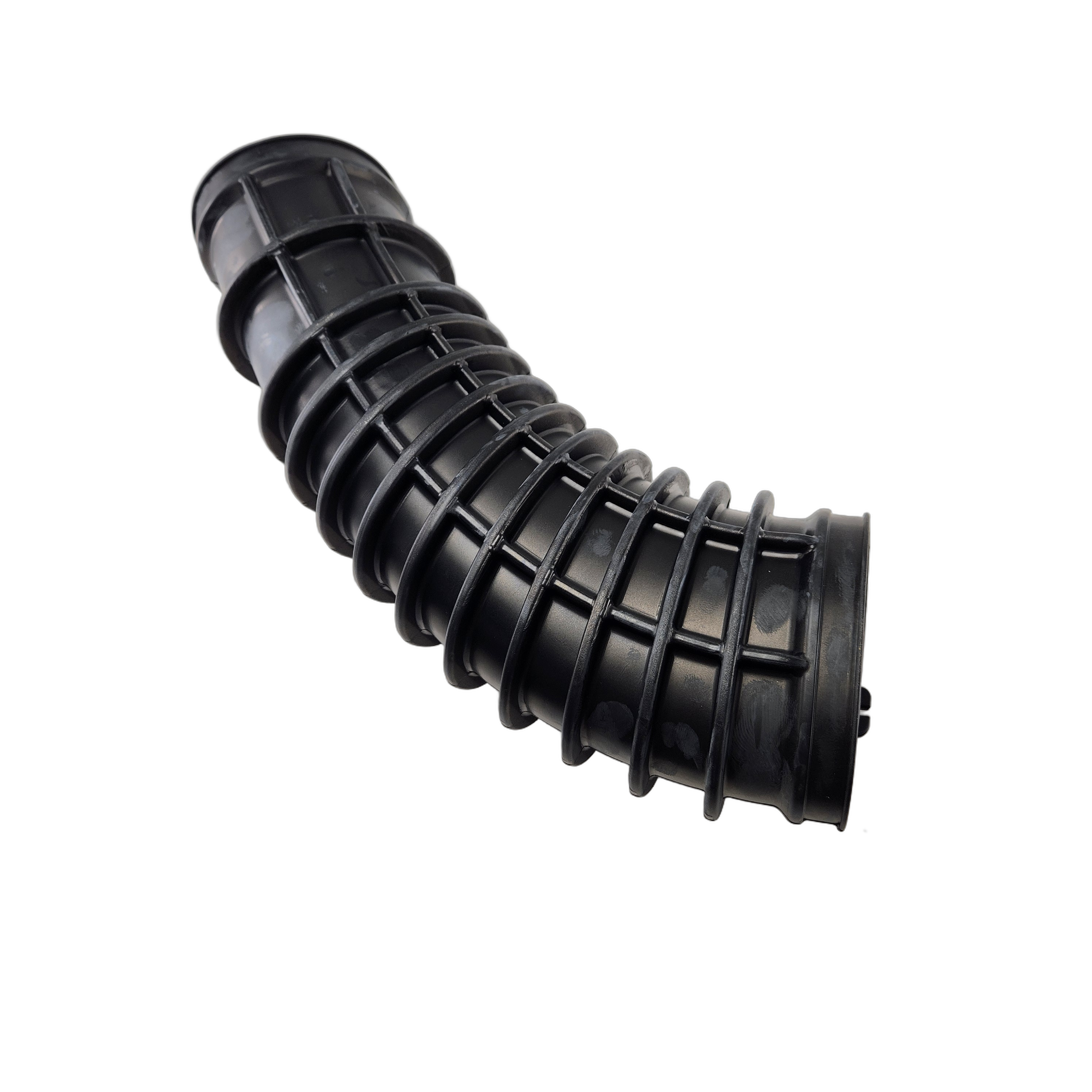 The Rear Inlet Duct by Can-Am is a black, flexible, ribbed plastic hose with a curved shape, designed for OEM applications and shown isolated on a white background.