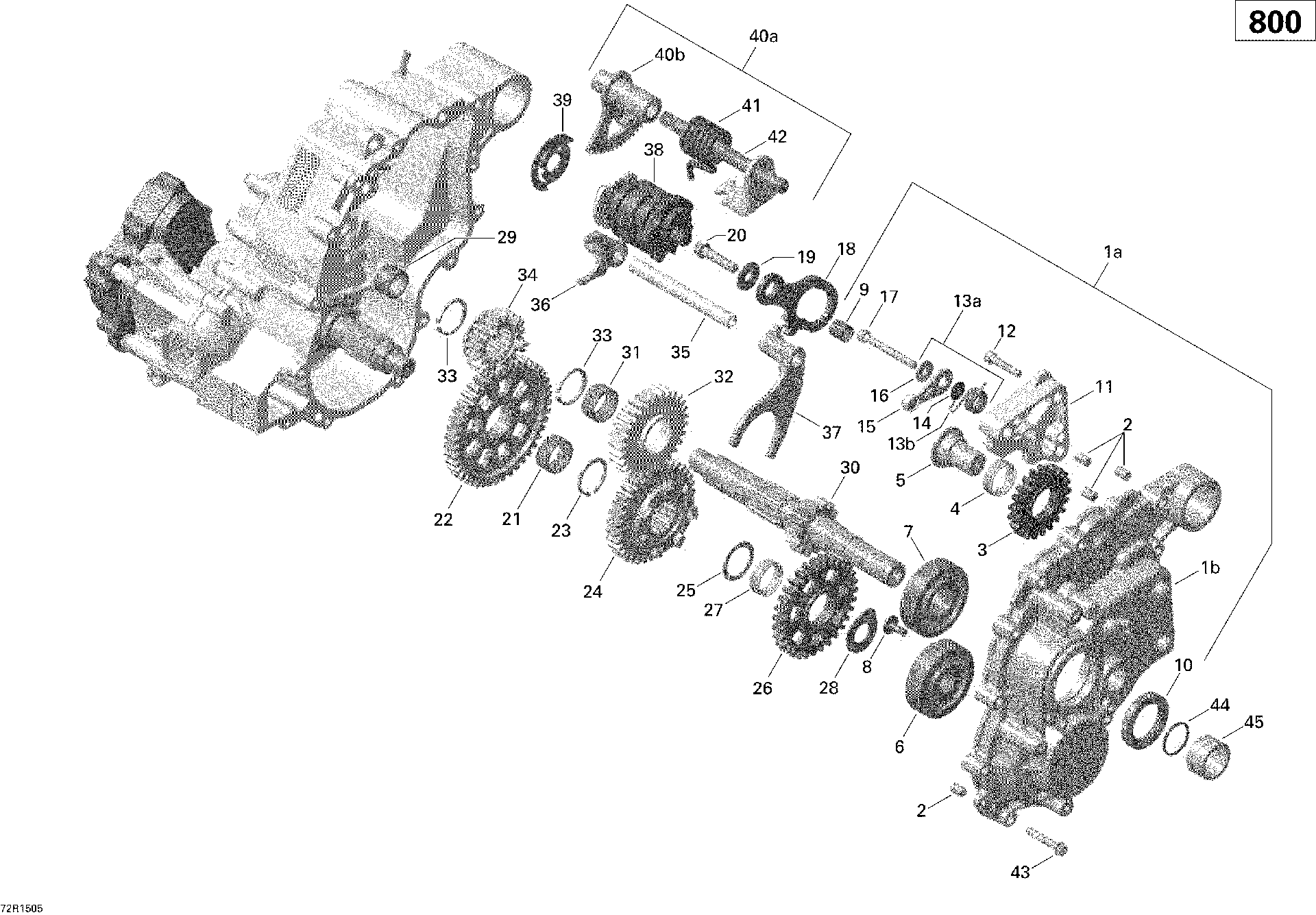 An Image of a Genuine Can-Am Parts Schematic Diagram showing the schematic - GEAR BOX AND COMPONENTS _72R1505