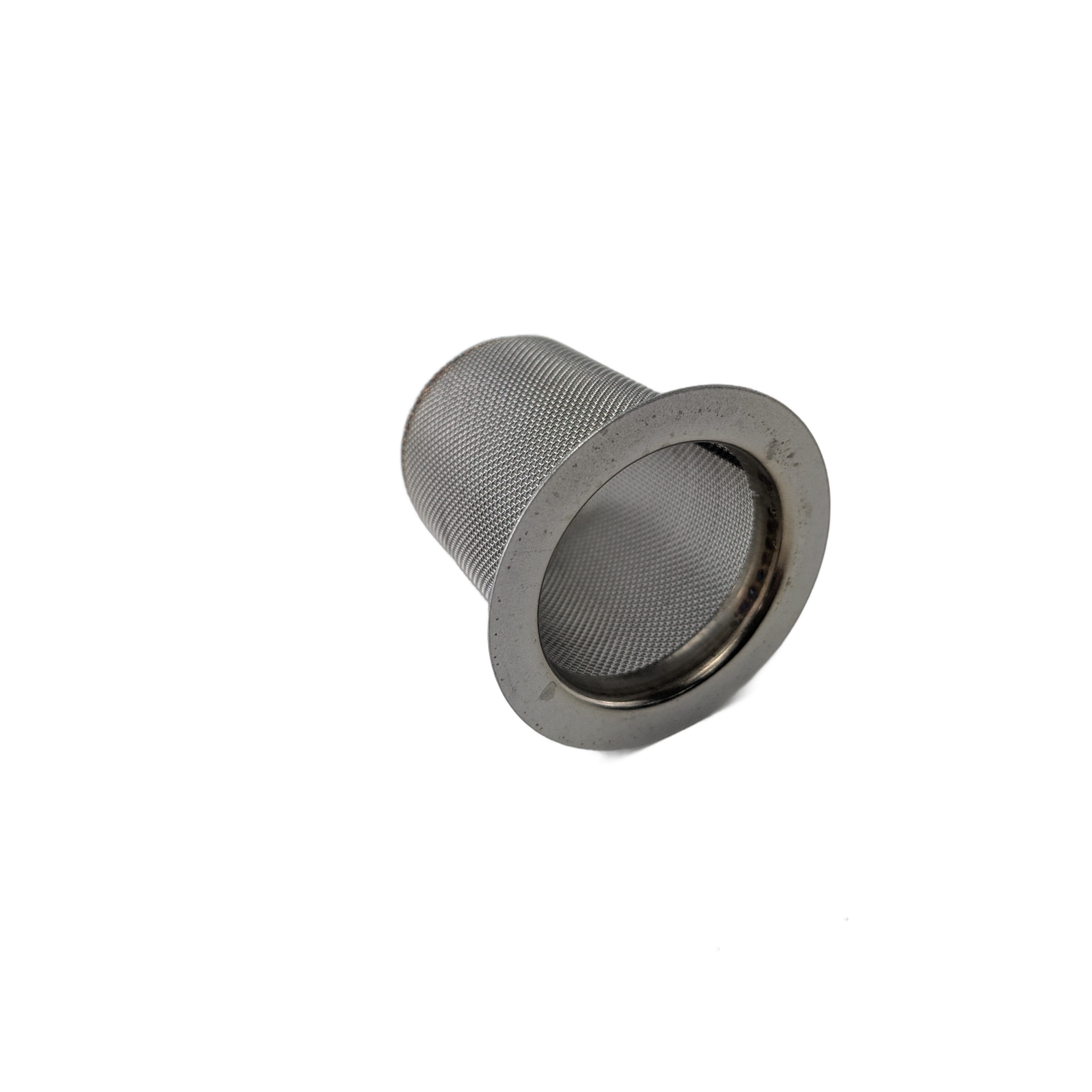 Stainless steel cylindrical spark arrestor with flared edge and fine mesh body.