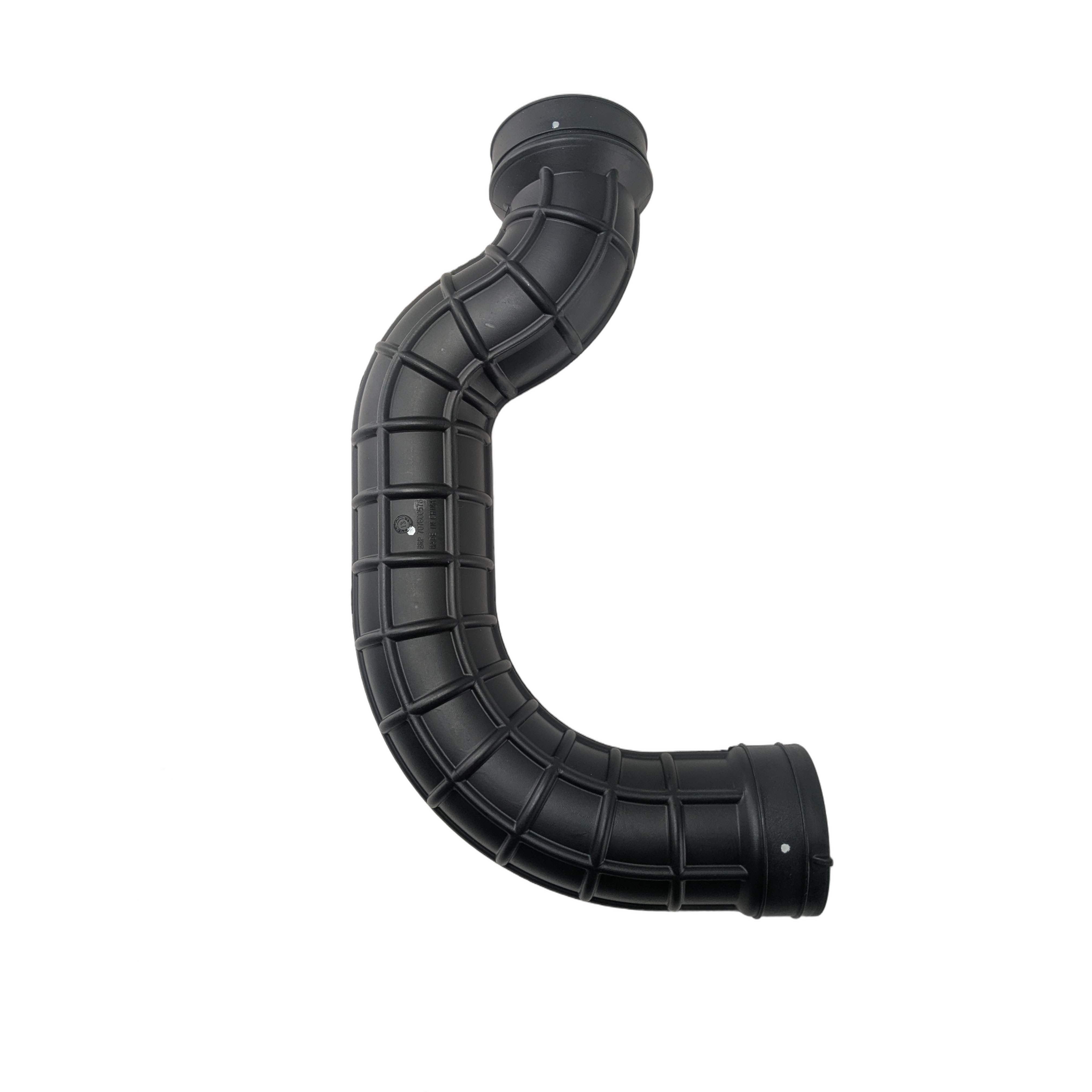 Black curved intake adaptor tube with ribbed texture and flanged ends for Can-Am vehicles.
