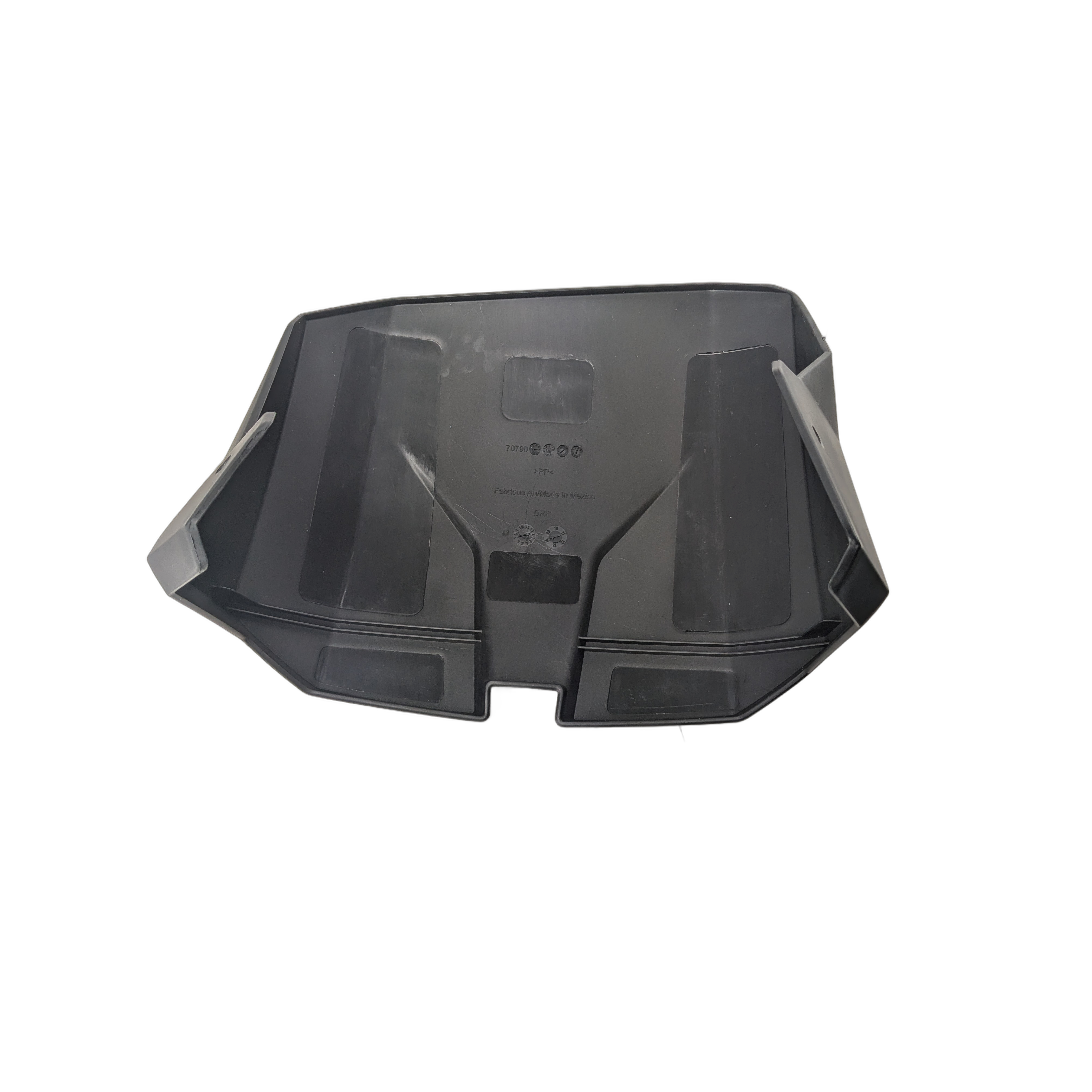 Black plastic upper cluster cover with angular design and mounting points for Can-Am vehicles.