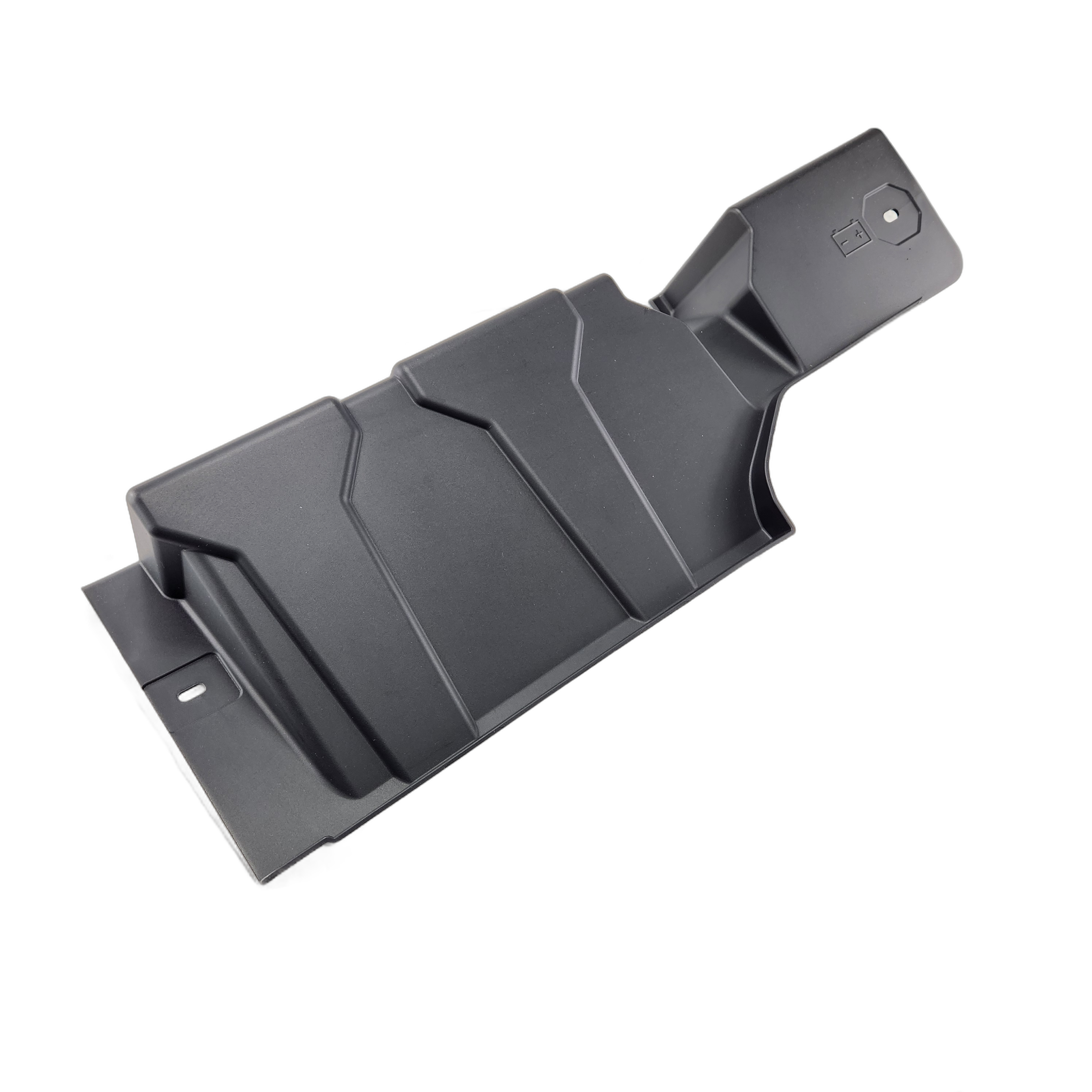 A black plastic Battery Cover by Can-Am, featuring angular ridges and cutouts, photographed on a white background and suitable as a replacement Can-Am OEM part.