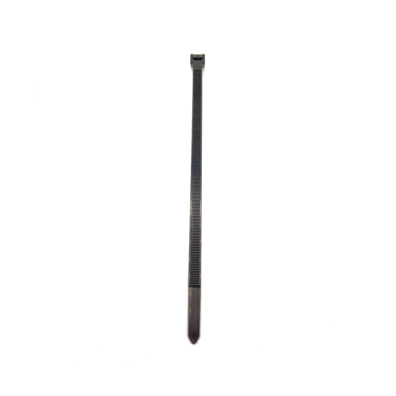 Black plastic cable tie with ratchet locking head and tapered tail end, slim design.